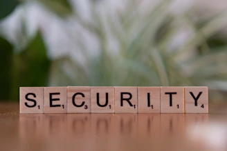 A wooden block spelling security on a table