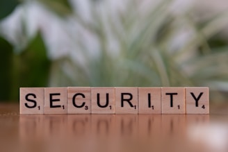 A wooden block spelling security on a table