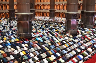 Worshippers pray together inside a grand mosque.