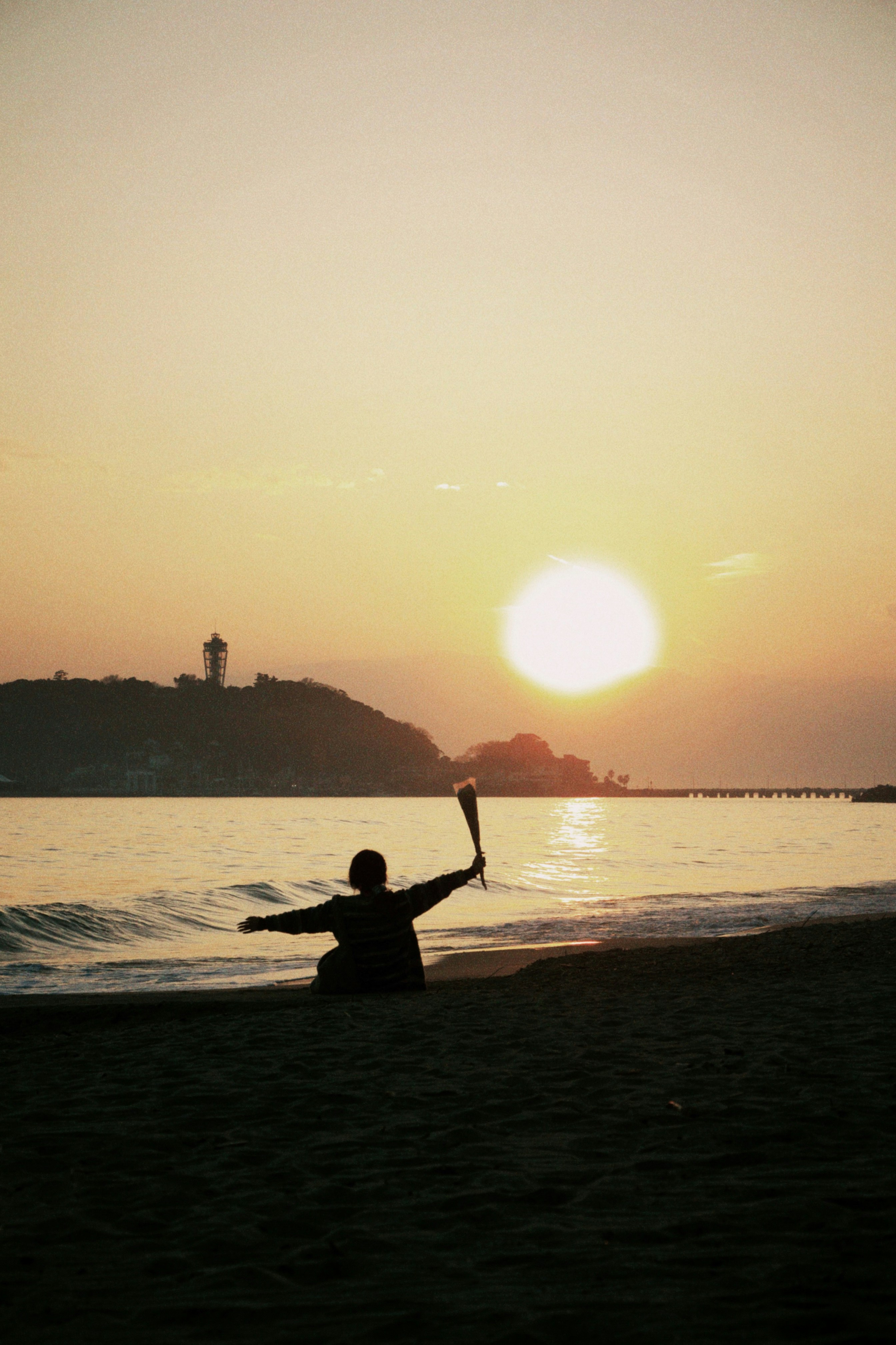 Person enjoys a beach sunset with raised arms.