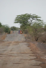 People walk on a rural road carrying things.