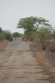People walk on a rural road carrying things.