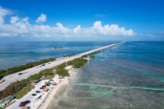 An aerial view of a bridge over the ocean