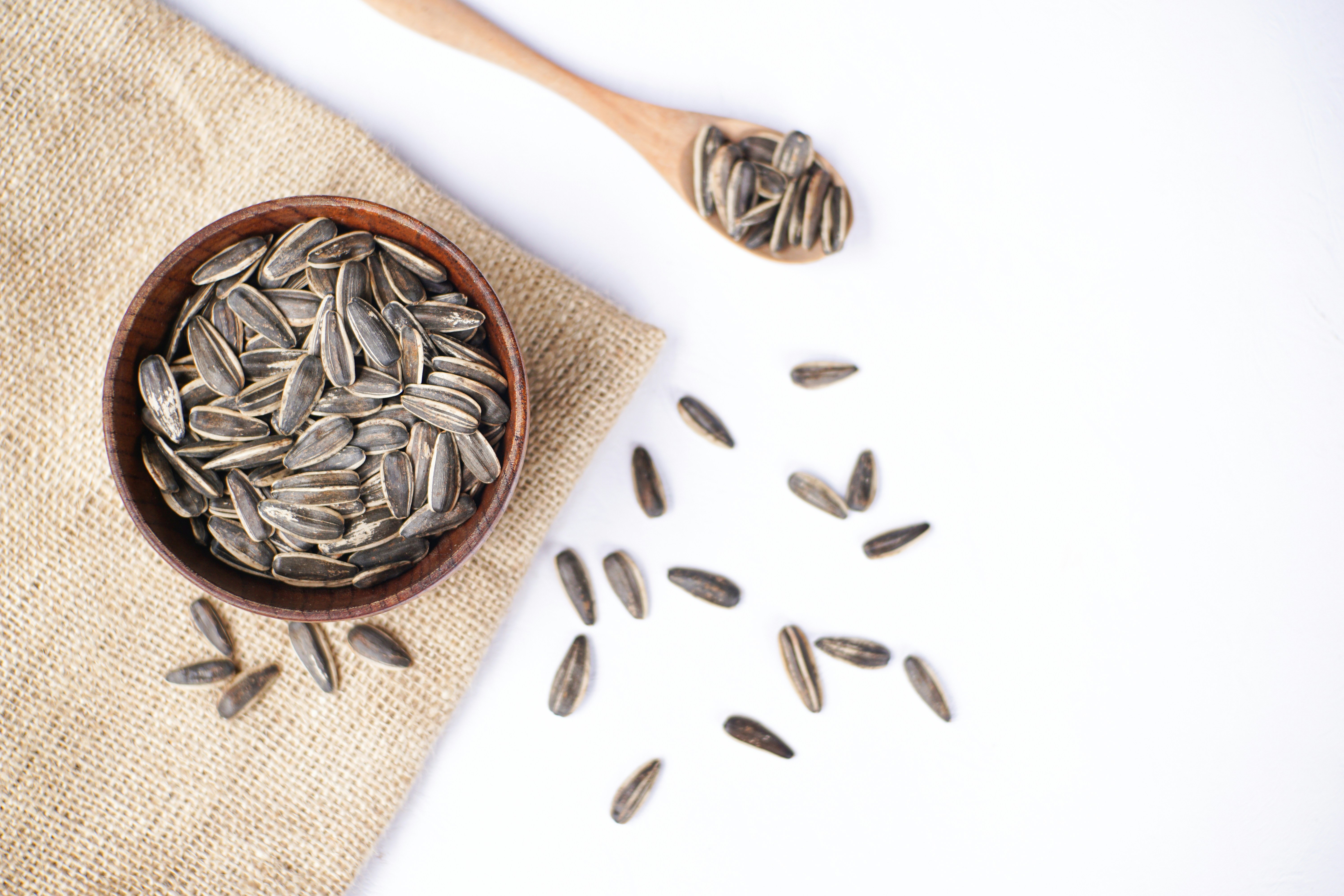 Sunflower seeds in a bowl and on a spoon.