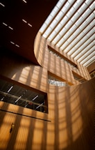 The inside of a large building with a skylight