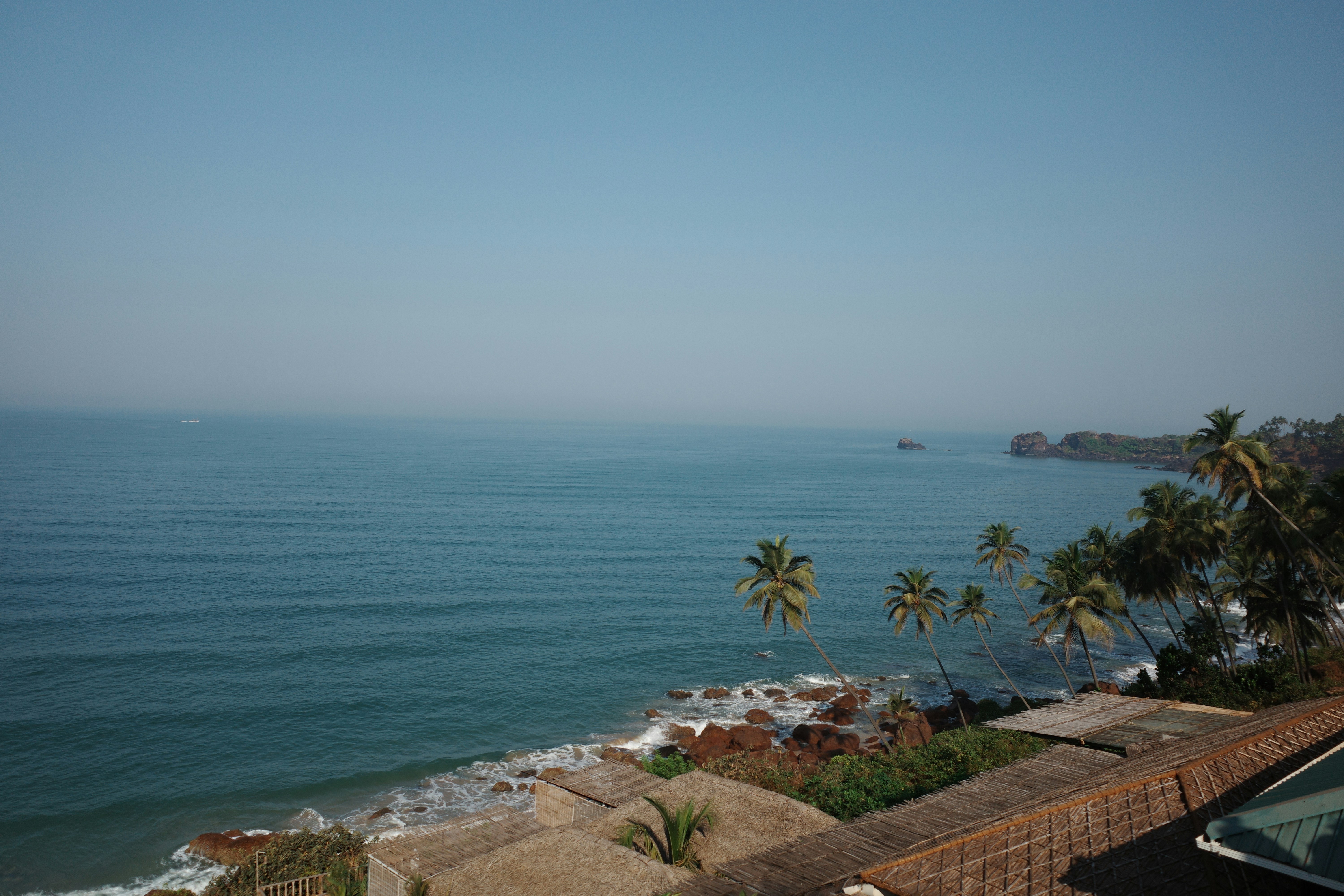 Ocean view with palm trees and a beautiful sky.