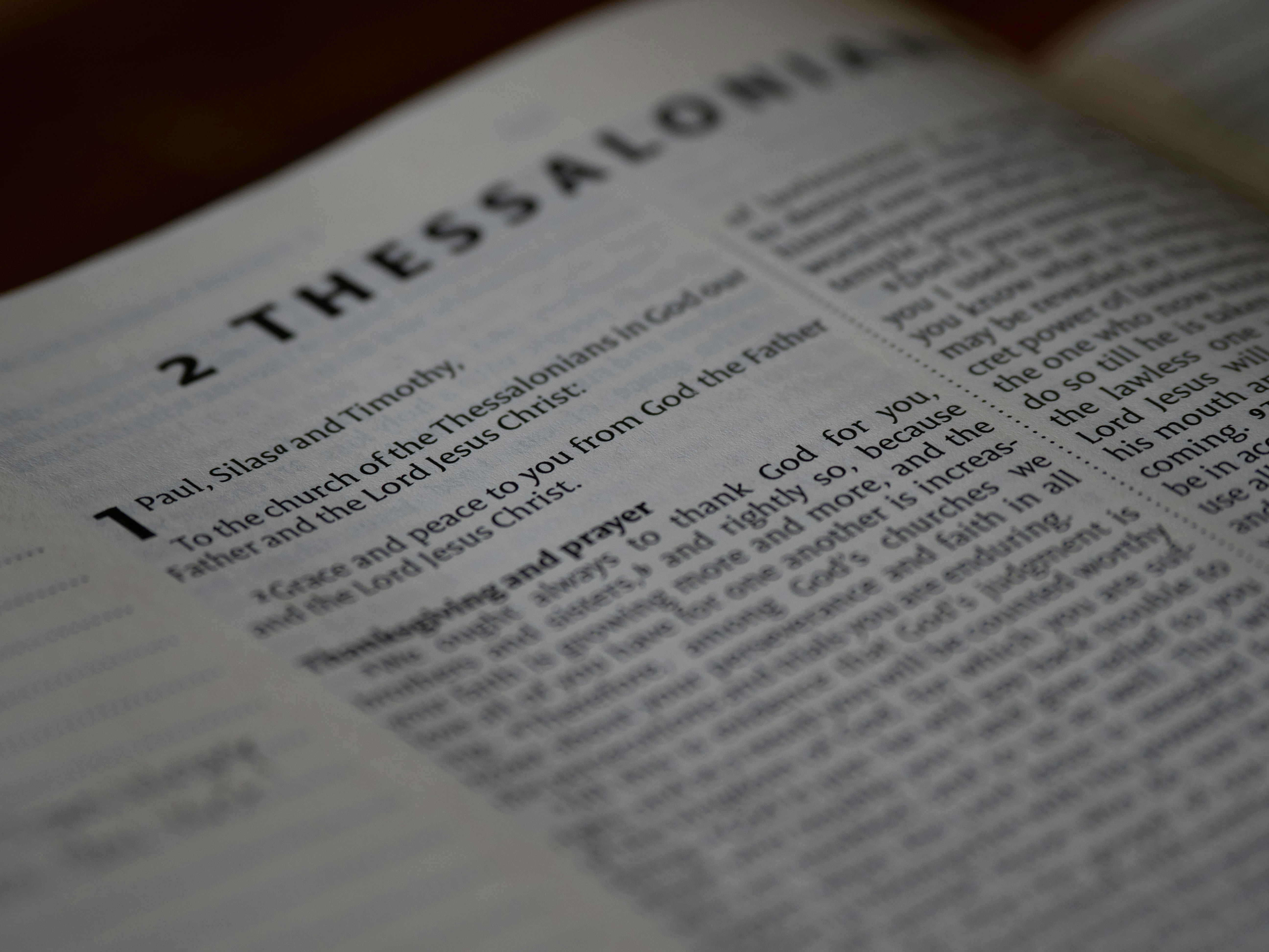 close up, bokeh, bible, new testament, christian, history, text, reading, bible study, devotions, christianity, scripture, epistle, letter, 2 thessalonians, paul, paul the apostle, second coming, holiness, love, hope,