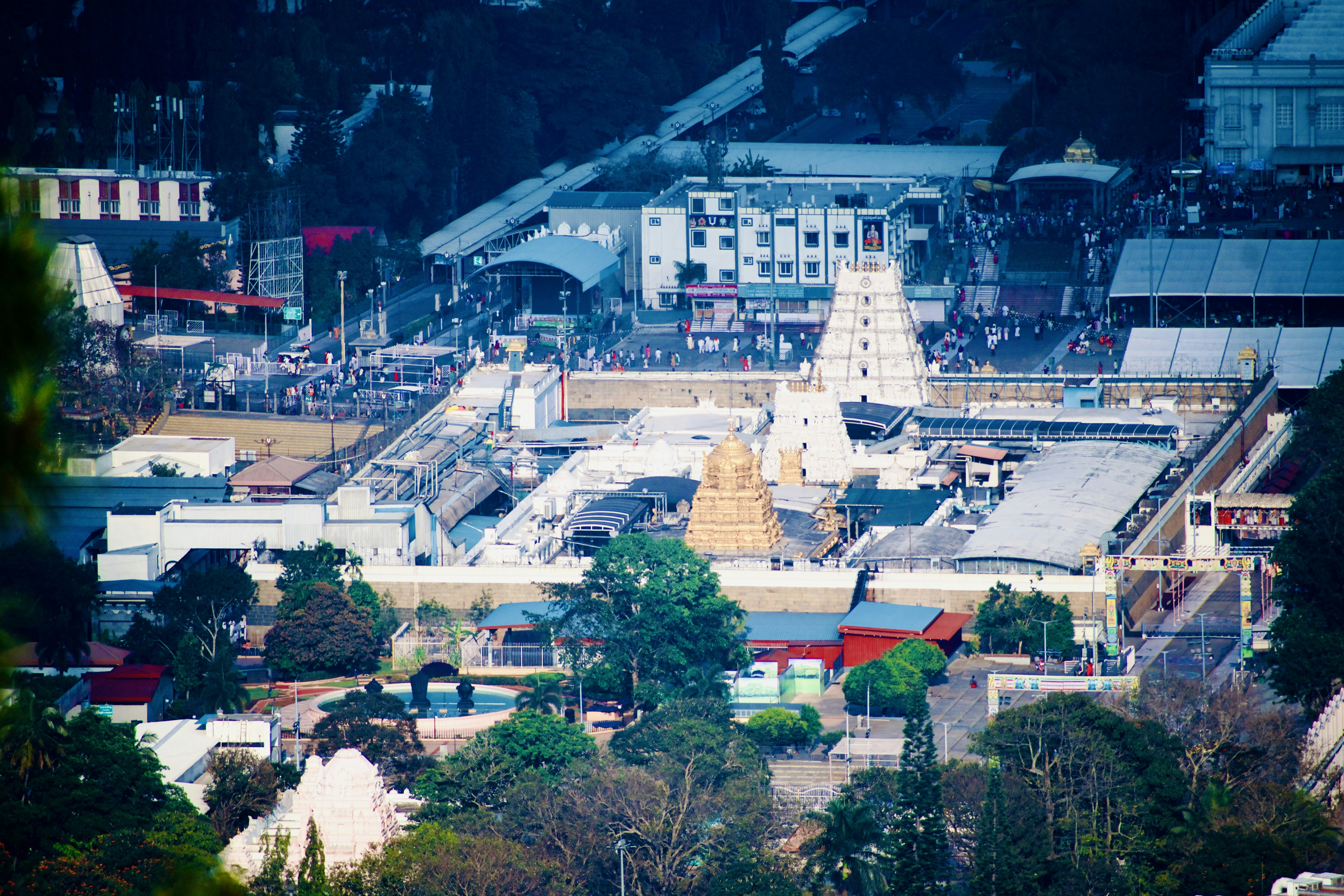Aerial view of a hindu temple complex.