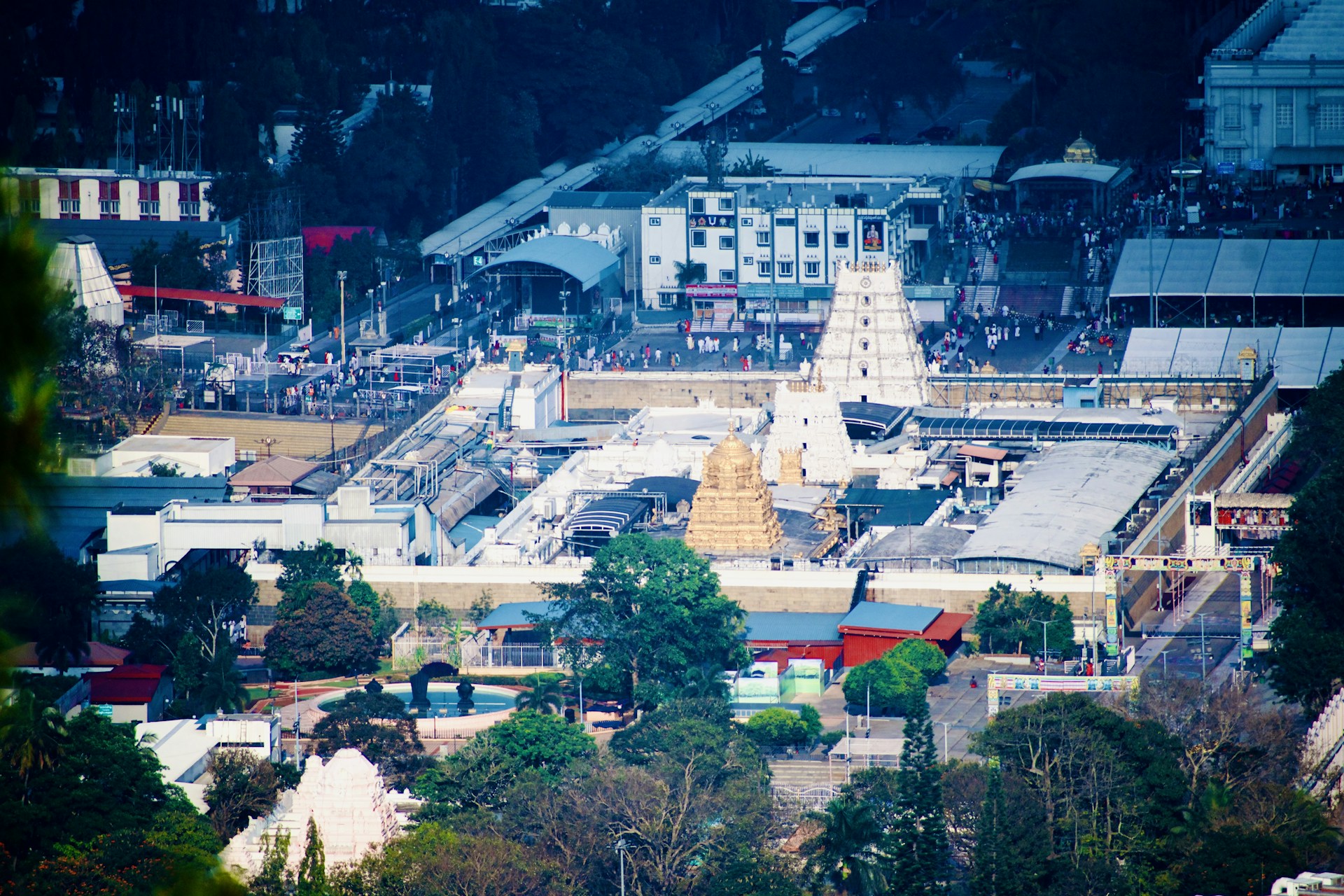 Aerial view of a hindu temple complex.