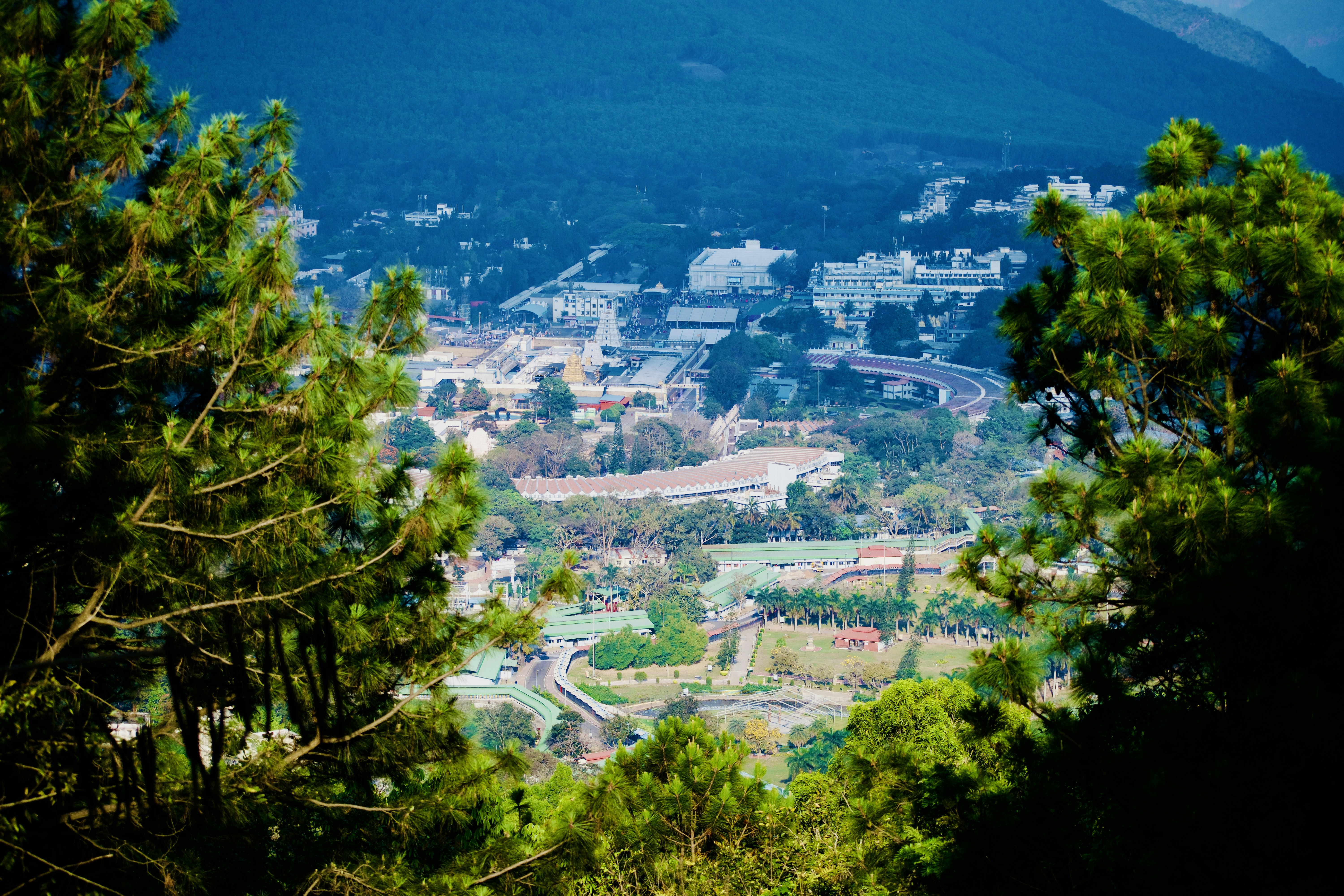 Scenic view of a city nestled in the valley.