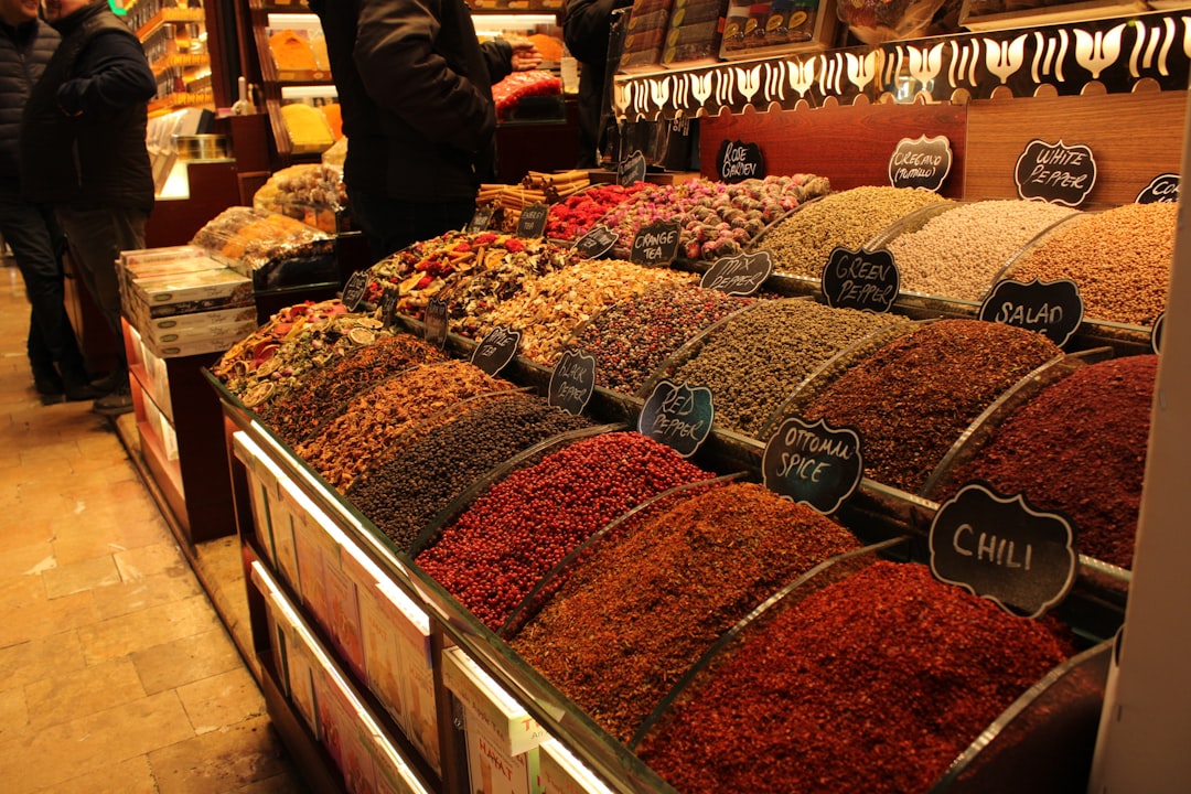 Spices are displayed at a market.,