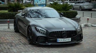 A matte grey mercedes-amg gt is parked on the street.