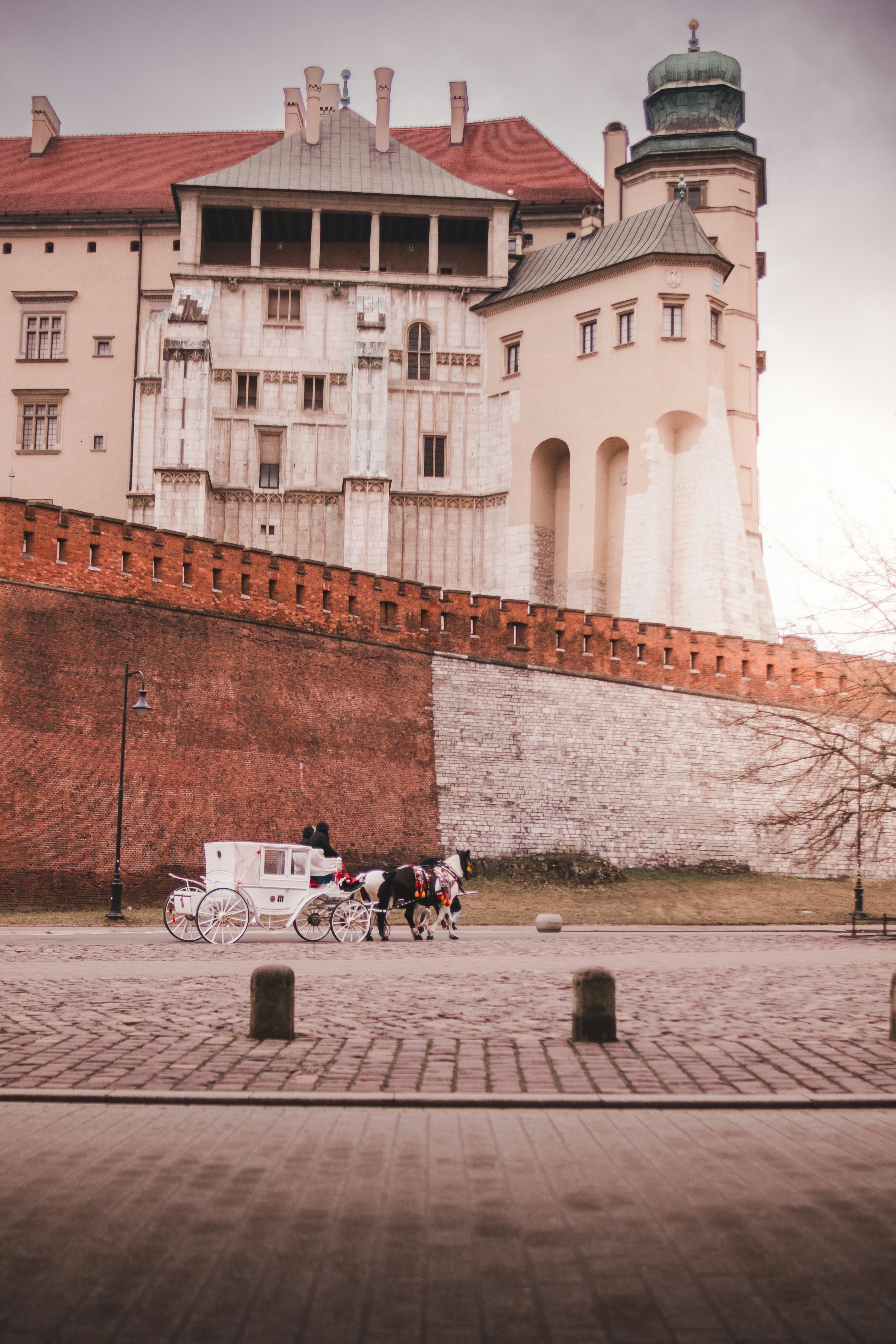 Horse-drawn carriage in front of a grand castle.