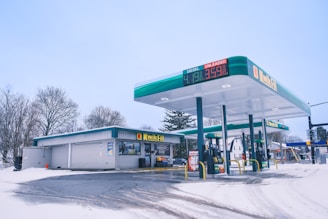 A gas station is covered in snow.