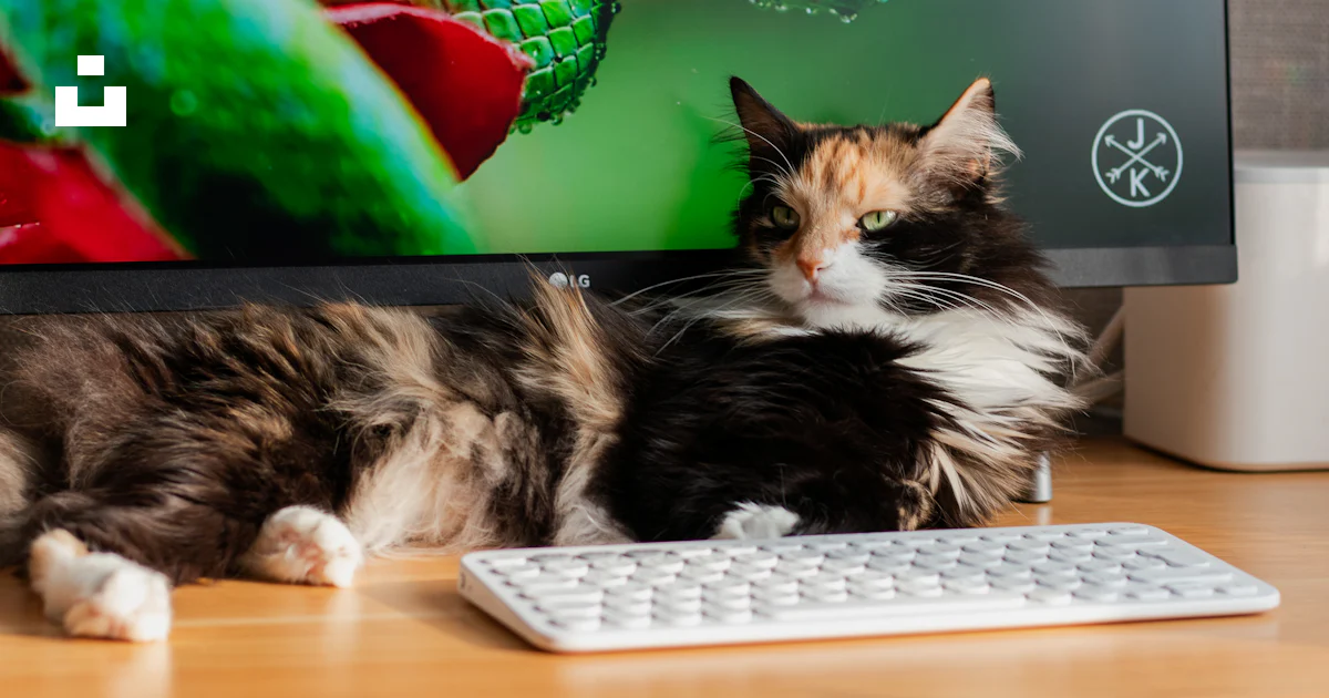 Cat Computer Monitor A cat laying on a desk next to a computer monitor photo – Free Cat ...