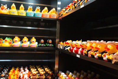 Duck-themed merchandise displayed on shelves.