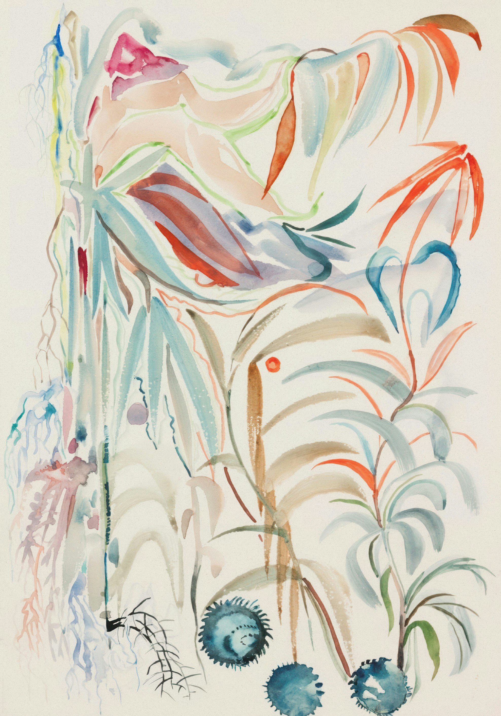 Abstract watercolor painting of colorful plants and leaves