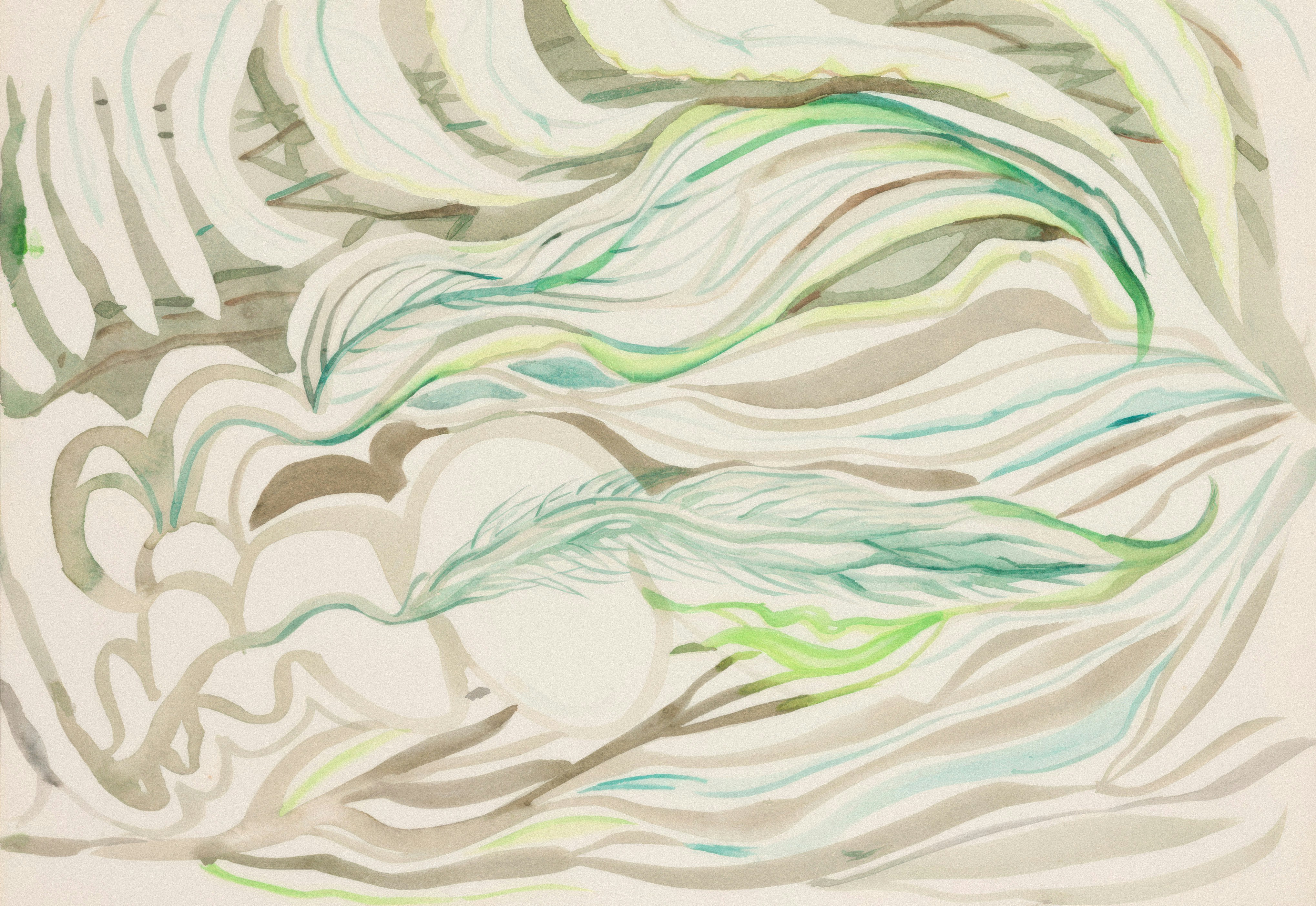 Abstract watercolor painting with flowing green and gray lines