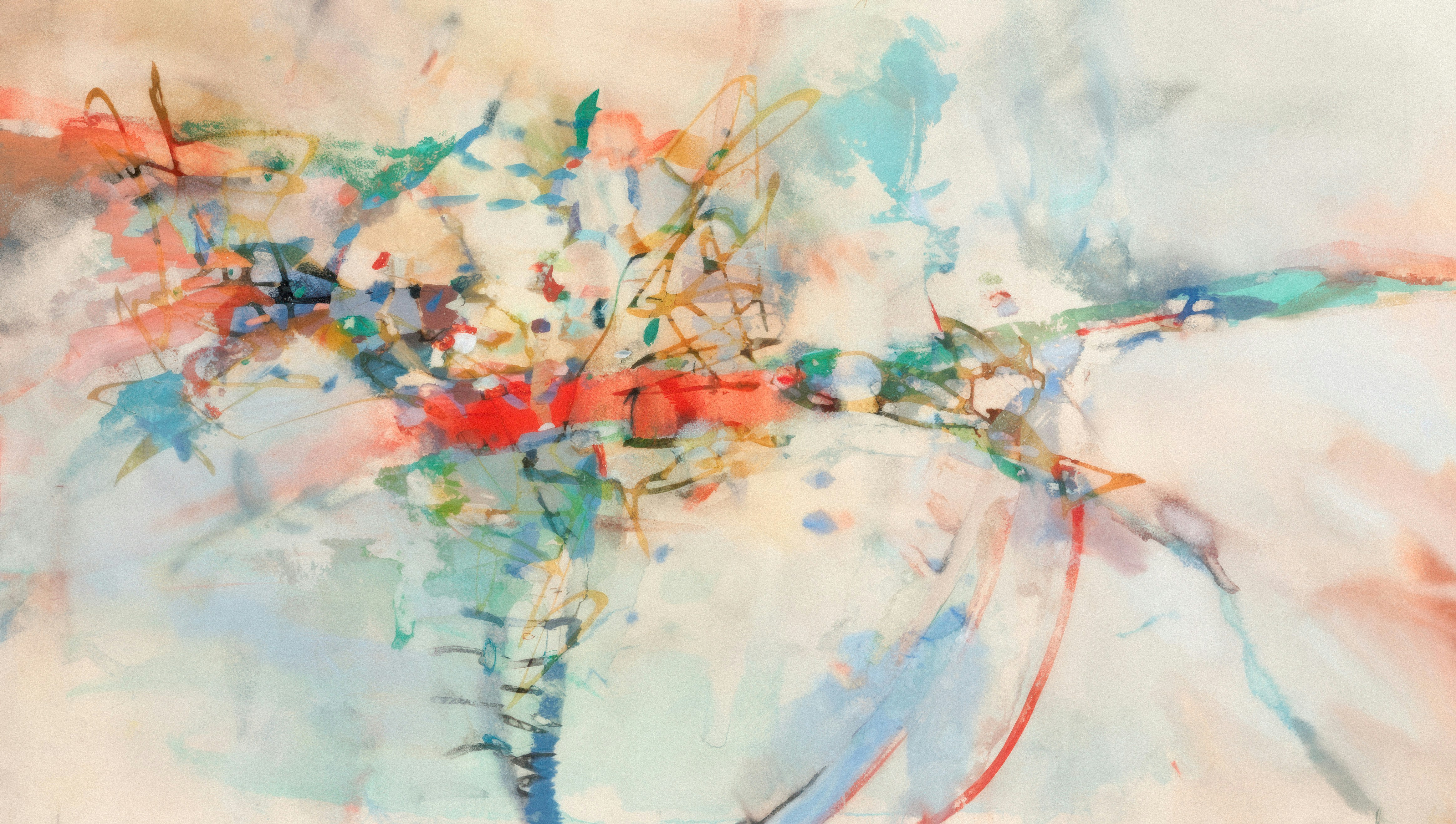 Abstract watercolor painting with vibrant red and blue hues.
