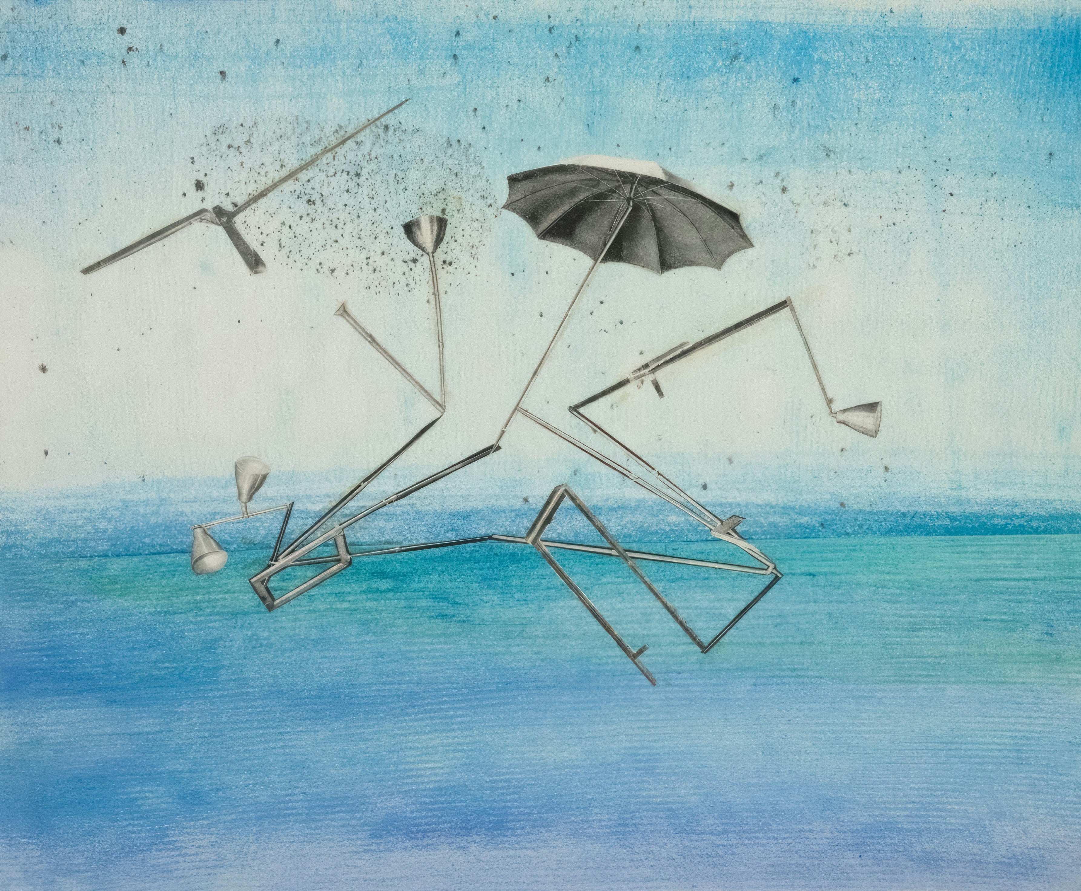 Abstract figures with umbrella running on water