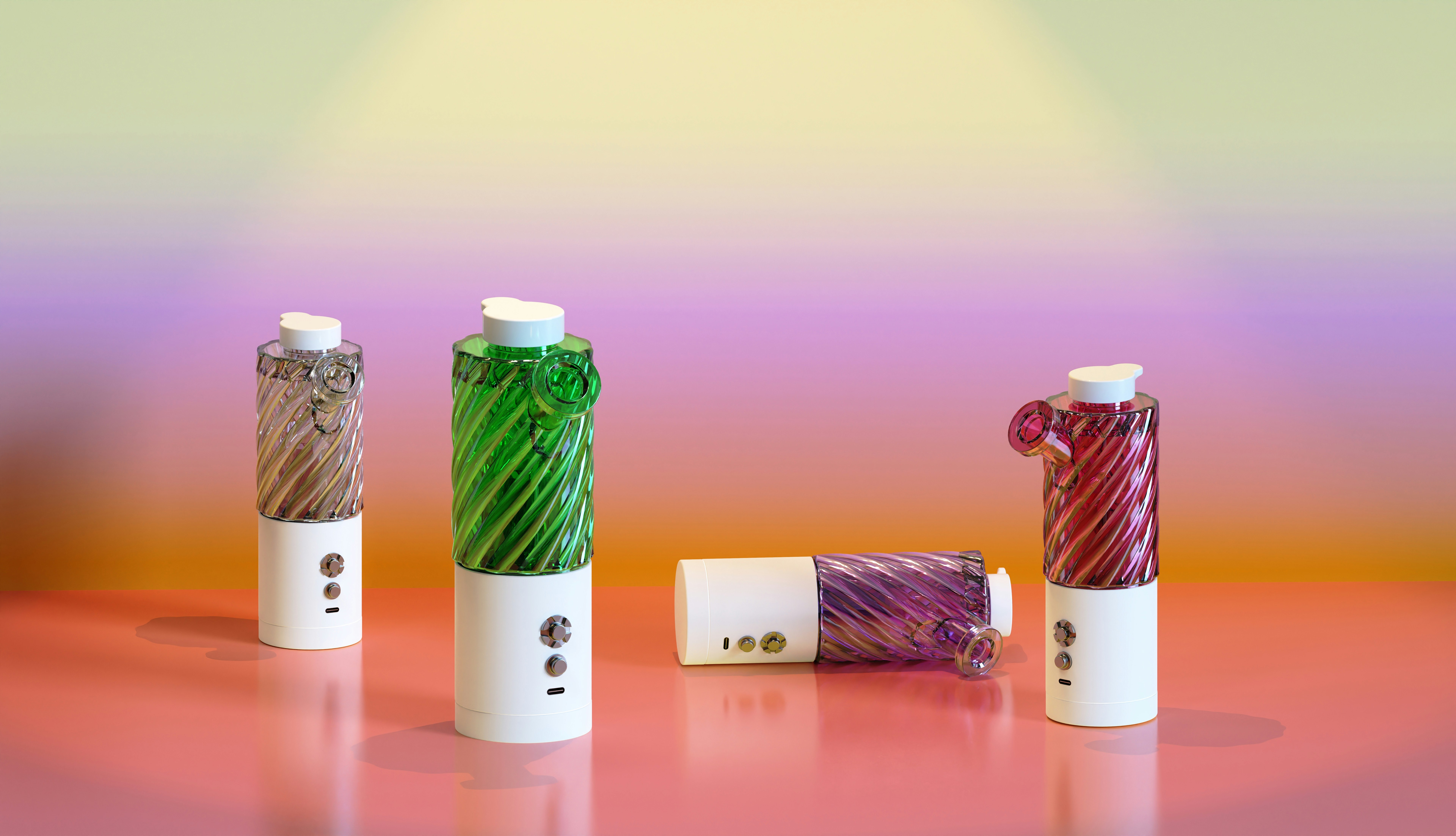 Colorful glass vaporizers on a table.
