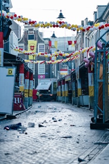Festive street with decorations and a clean-up.