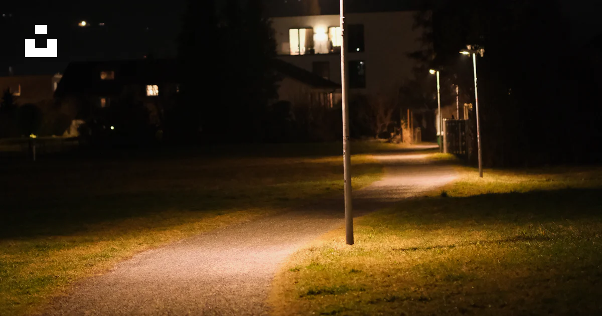Lit streetlights guide the path through the night. photo – Free Creepy ...