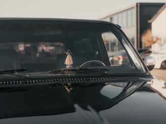 A black car's dashboard with an ornament.