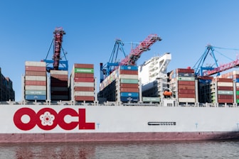 A cargo ship is loaded with containers.