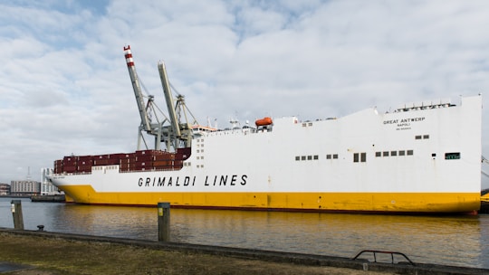 A grimaldi lines ship docked in port.