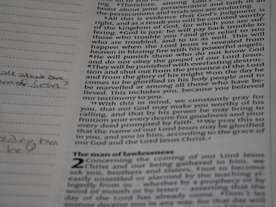 A close-up of Bible verses with handwritten notes and highlights