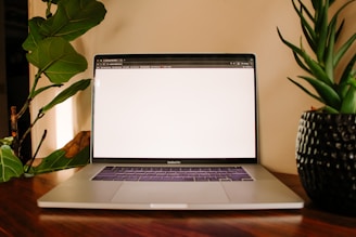 A laptop sits near plants on a wooden table.