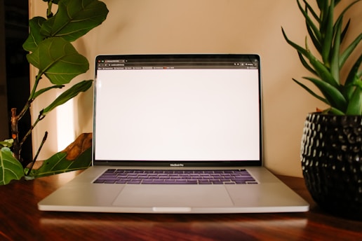 A laptop sits near plants on a wooden table.