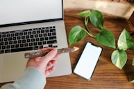 Laptop, phone, plant, and a rustic pencil.