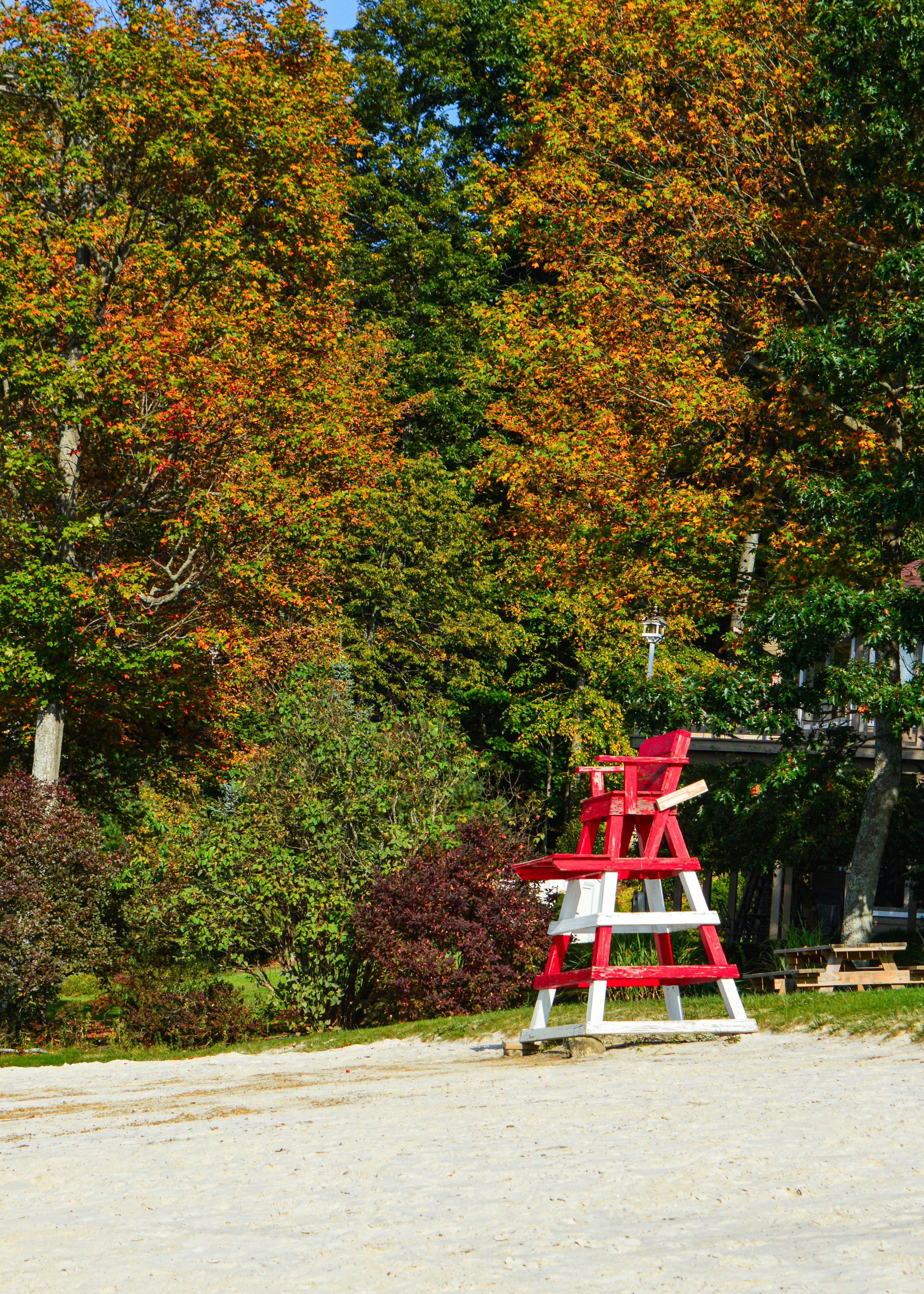 Red lifeguard chair in front of autumn trees.