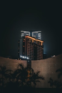 The ymca building is lit up at night.