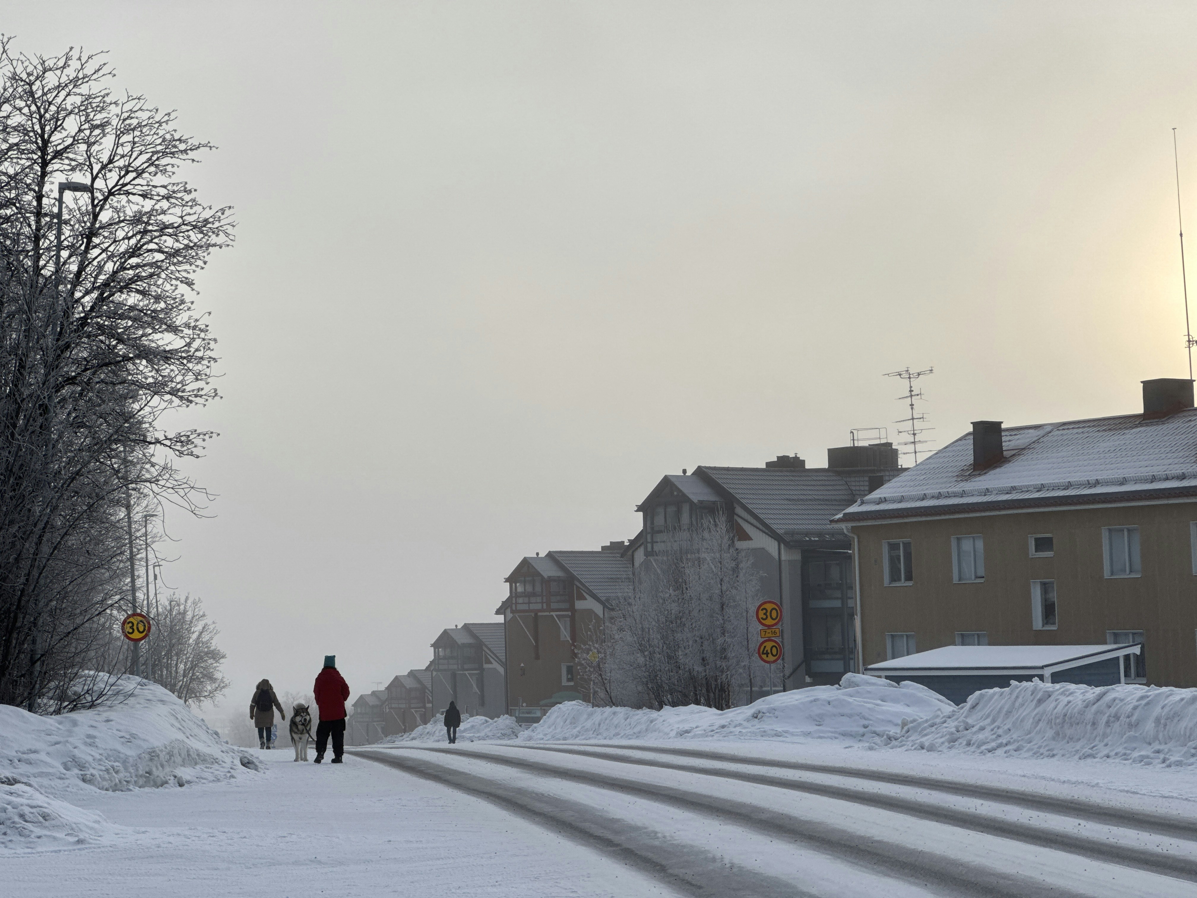 Snowy road with people walking in a winter scene.