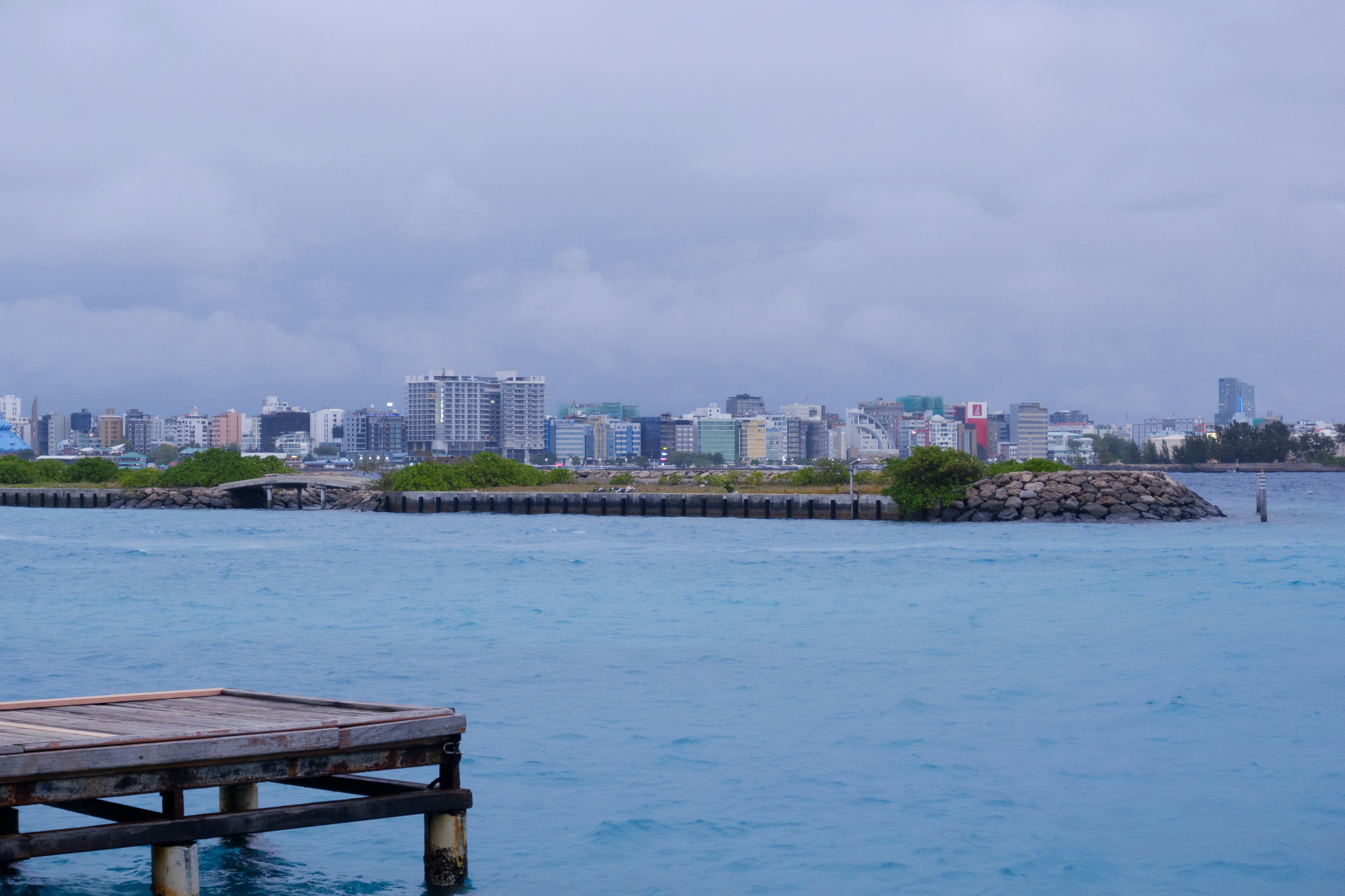 City skyline view from the water on a cloudy day.