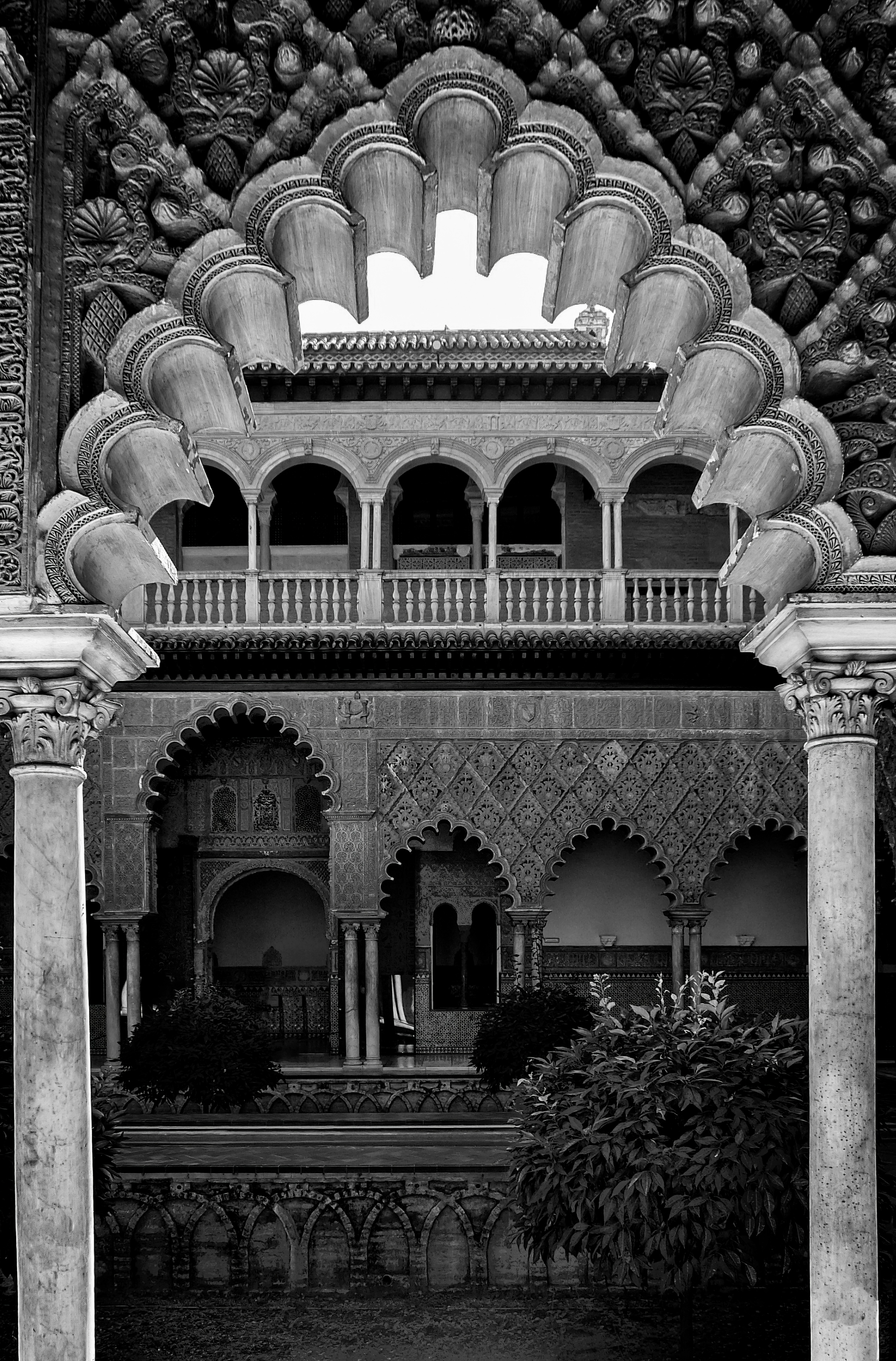 Intricate, ornate architecture of a building is shown
