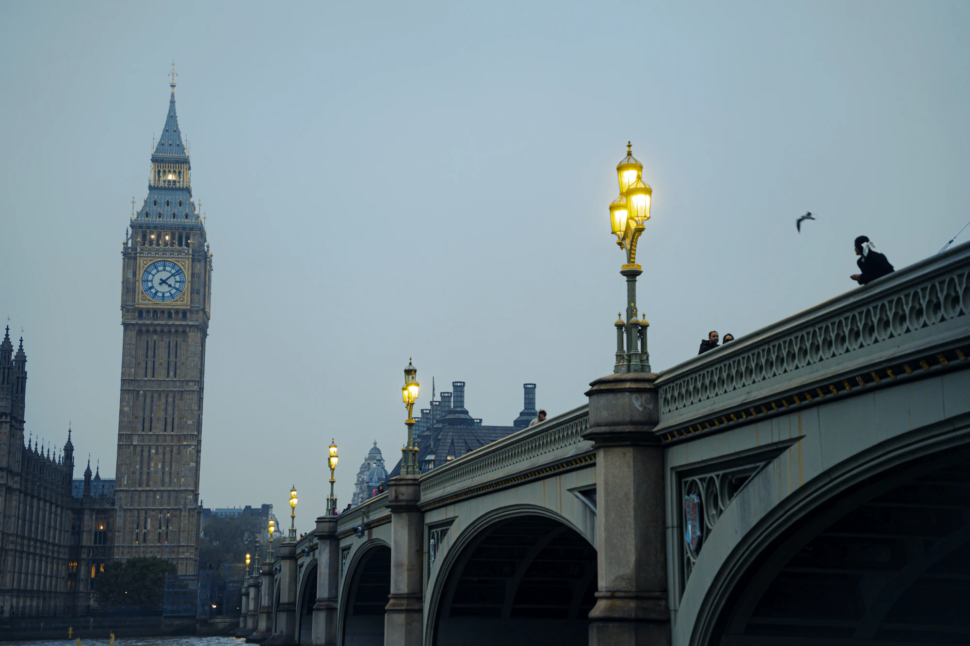 Big Ben and Westminster Bridge at dusk