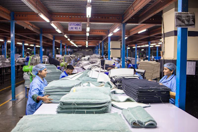 Textile workers are sorting fabric in a factory.