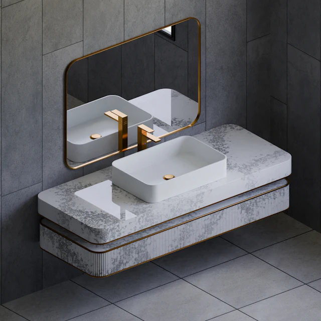 A modern bathroom vanity and mirror