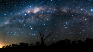 The milky way shines above a dark landscape.