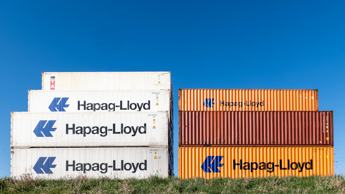 Branded shipping containers stacked in organized rows at a logistics terminal