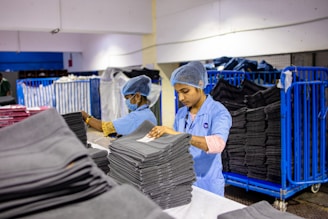 Workers are folding and sorting laundry in a facility.