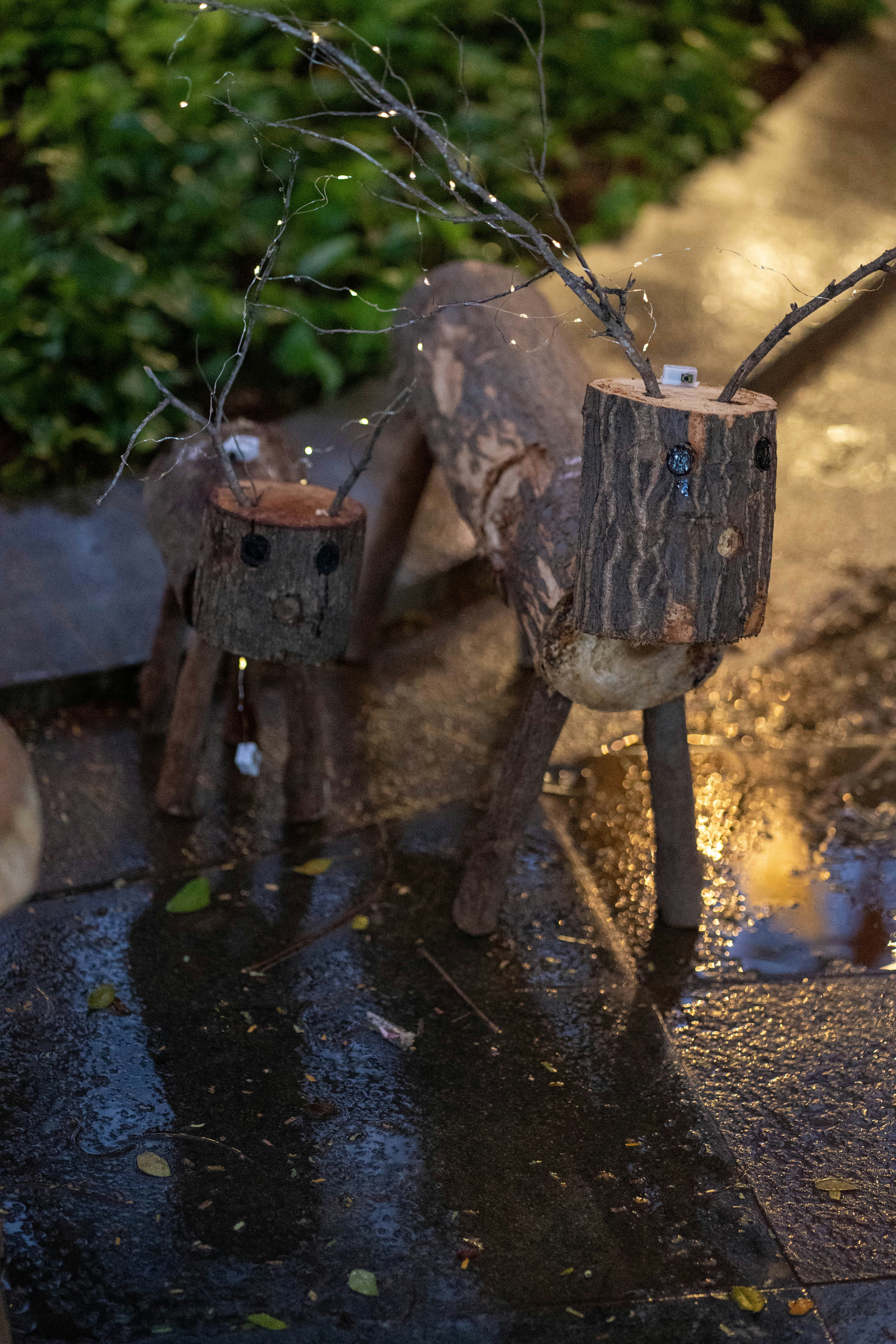 Wooden reindeer decorations are lit up with fairy lights.