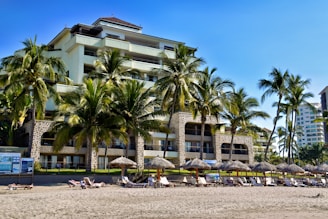 Beach resort with palm trees and a blue sky.