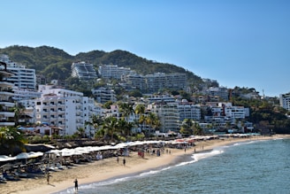 Beachfront buildings line a sunny coast.