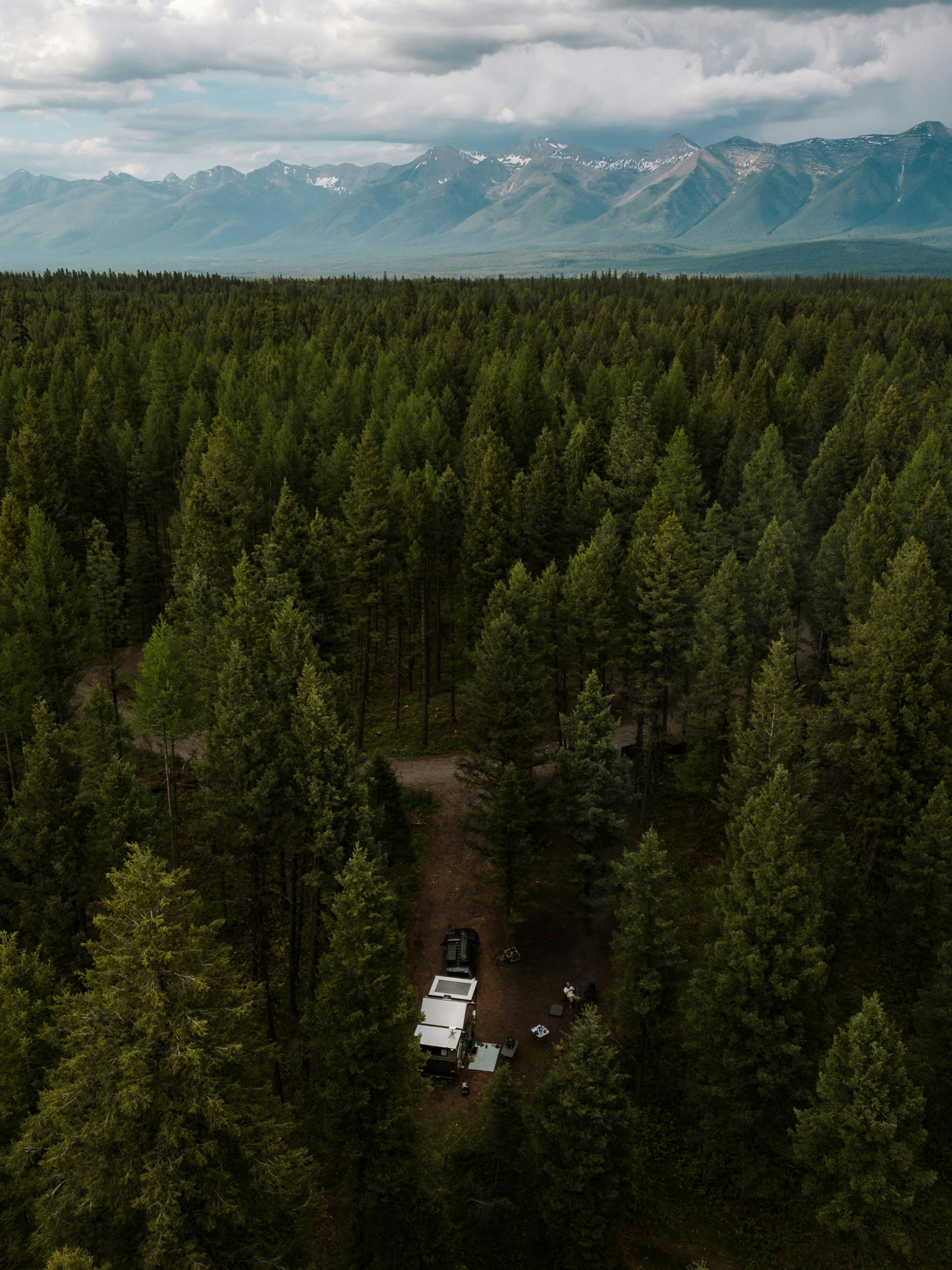 Camping site nestled in a dense forest near mountains.
