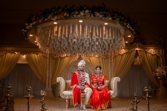 A couple is posing for their wedding photo.